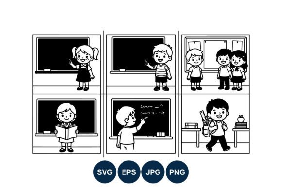 School Children Black White Classroom Graphics & Illustrations