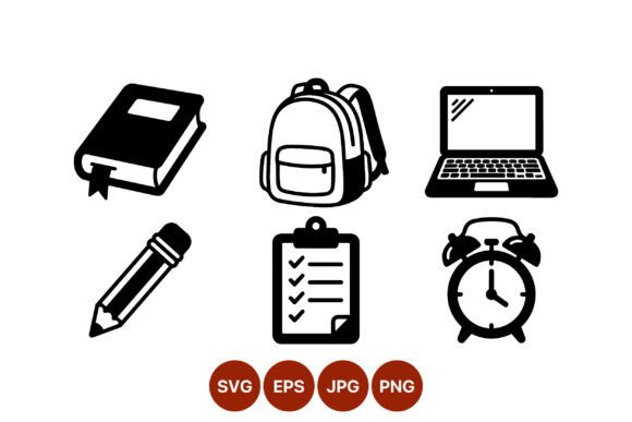 School Supplies Icons: Simple Black Graphics