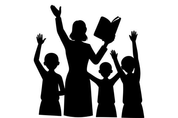 Teacher with Students Raising Hands Graphics & Illustrations